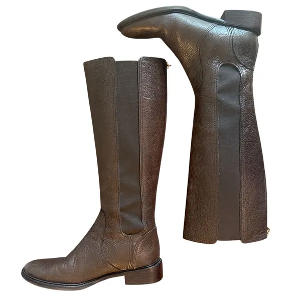 Tory Burch Christy Riding Boots Brown Leather Stretch Back 8.5 - Image 6