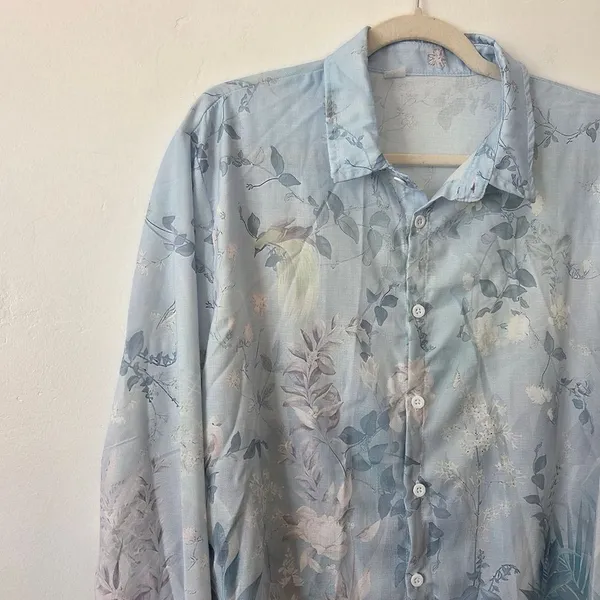 Blue Floral Blouse Top Linen Feel Pastel Lightweight Cottagecore Grandmacore L - Image 11