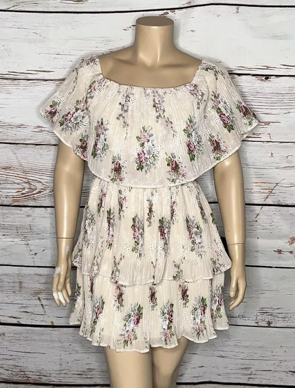 Lulus NWT XL Floral Print Eyelet Embroidered Off the Shoulder Tea for Two Dress - Image 2