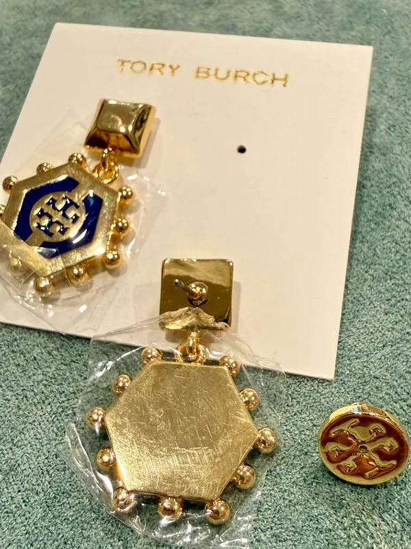 Tory Burch | Gold-Plated Logo Earrings with Navy Enamel & Gold Pearl Accents - Image 4