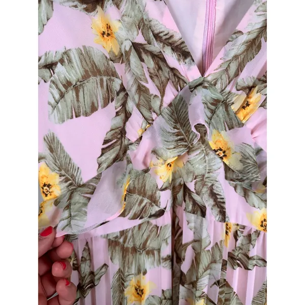 Skies Are Blue Maxi‎ Dress Women Small Pink Tropical Palm Floral Pleated Ruffle - Image 3