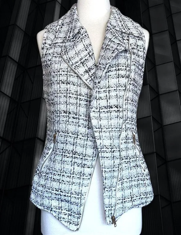 Tinley Road Retro Glam Business Professional Zip Black White Plaid Tweed Vest - Image 3