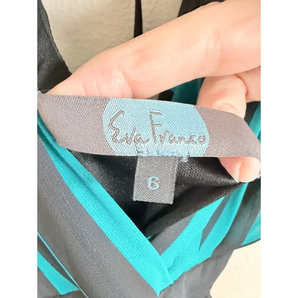 Eva Franco Maxi Dress Womens 6 Teal Black Striped‎ V-Neck Chiffon Gown CF338-H - Image 4