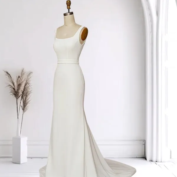 NWT Zapaka White Mermaid Square Neck Satin Long Wedding Dress with Sweep Train L - Image 4