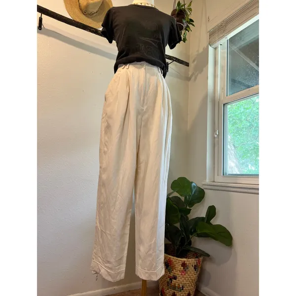 Express Vintage Linen Silk Cream High Rise Pleated Cropped Trouser Pants Size 2 - Image 12