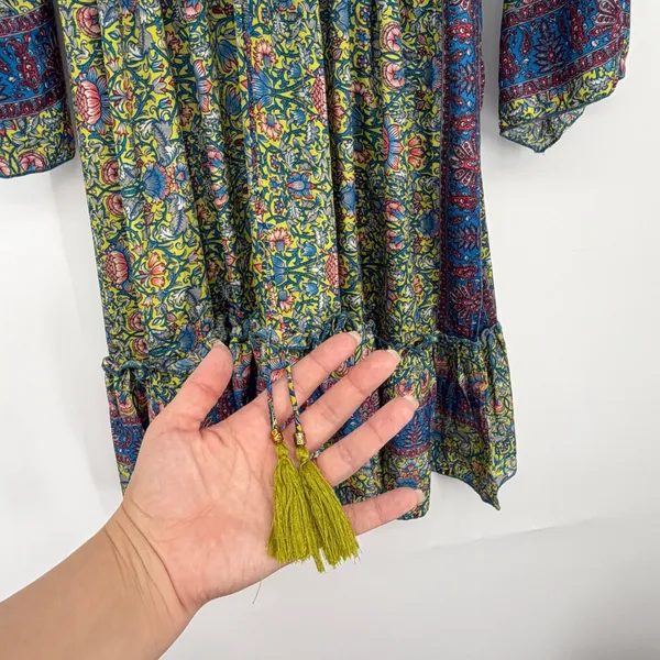 Boho Floral Silky V Neck Bell Sleeve Tiered Mini Dress Hippie Tassel‎ Festival - Image 4