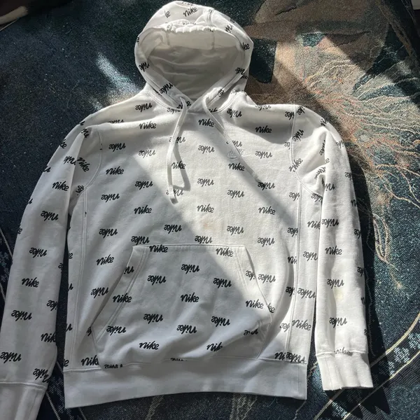 Nike Allover Logo Pullover Hoodie Women’s XS White Black Print Fleece Sweatshirt - Image 5
