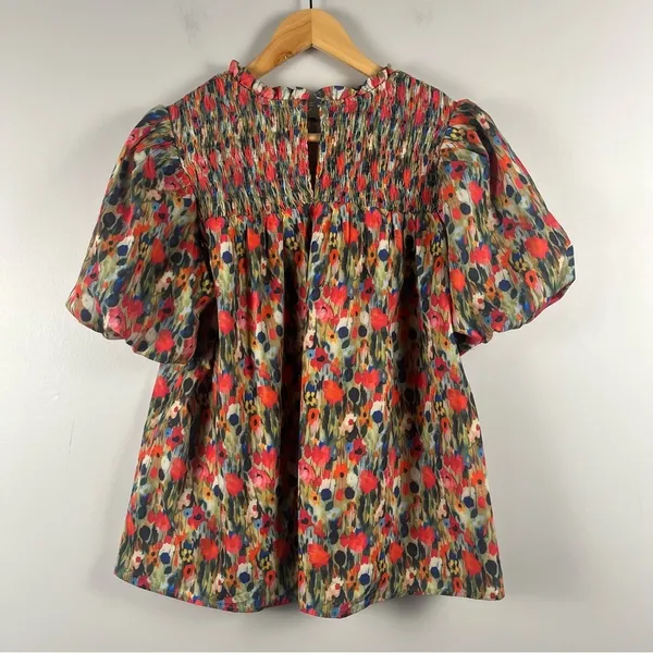 TCEC GREEN FLORAL SMOCK TOP puff sleeve cotton size medium - Image 7