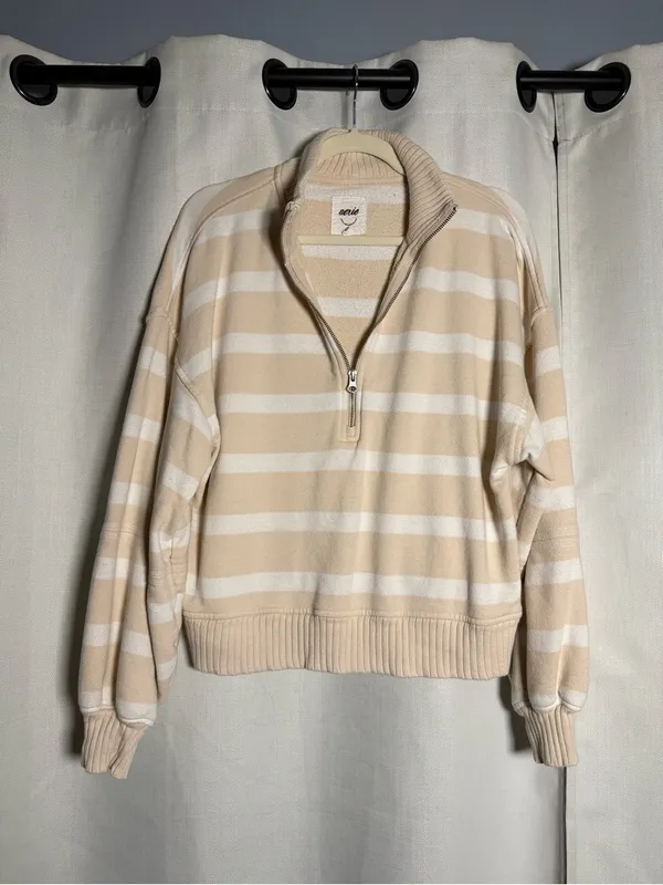 aerie Beige and White Striped Quarter-Zip Sweater - Image 4