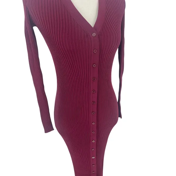 STAUD Shoko Ribbed Knit‎ Button Front Maxi Dress Burgundy XS - Image 9