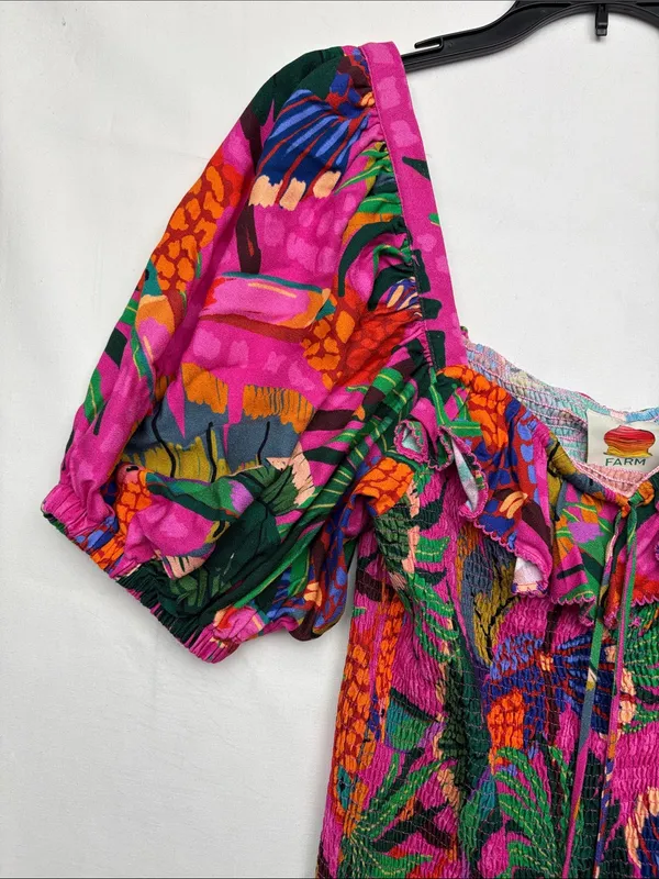 Farm Rio size large painted toucans Vibrant Tropical Puff-Sleeve Mini Dress - Image 5