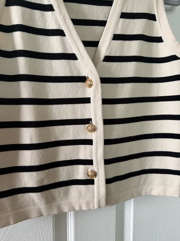 Striped Sweater Button Up Sweater Vest Tan Size XS - Image 9
