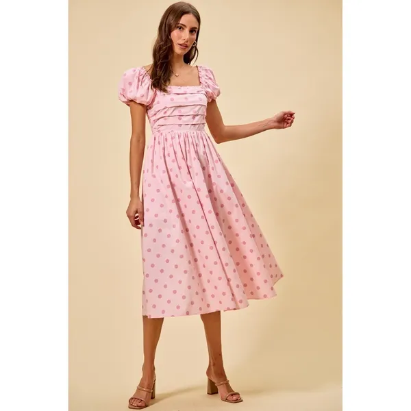 SO ME Polka Cotton Print Short Sleeves Midi Dress - Pink - Large - Image 5