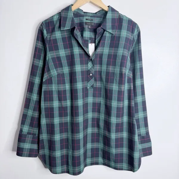 NWT Talbots Perfect Popover Blouse 10 Preppy Workwear Casual Green‎ Tartan Plaid - Image 2