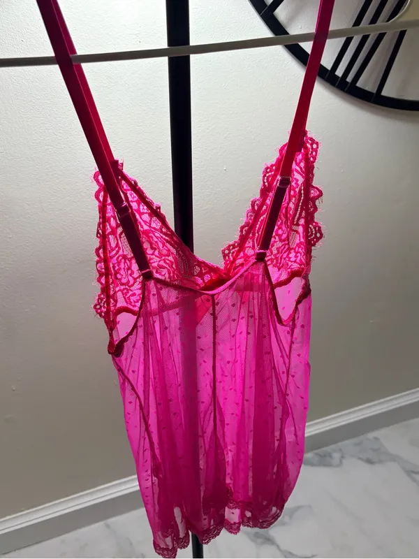 Hot Pink Lace & Mesh Babydoll Chemise - Women Intimates - Image 5