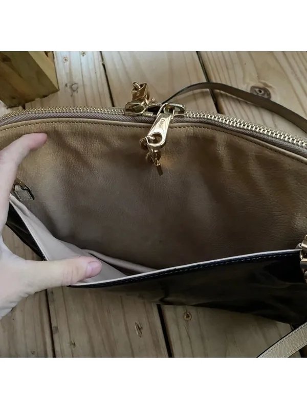 Authentic Chloé Lucy Two-Tone Leather Shoulder Bag Beige & Black Patent Leather - Image 8