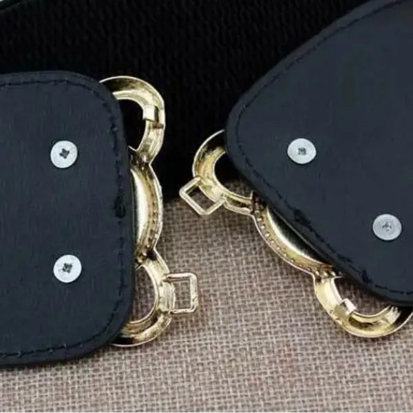 Golden Double Buckle Black Waspie Belt Stretchy Elastic Accentuating‎ Waist Band - Image 12