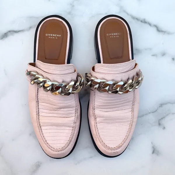 Givenchy 20mm women’s pink lizard embossed chain loafers mules size IT 37 US 7 - Image 13