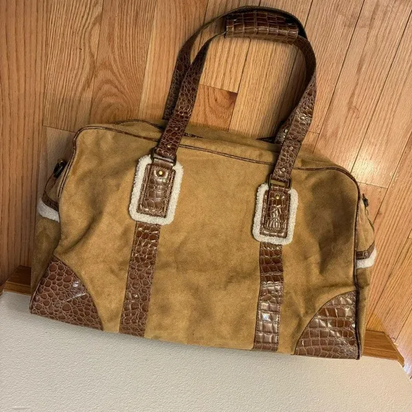 Bath Body Works Suede Faux Leather Croc Travel Duffle Bag Carry On Brown Tan 20" - Image 3