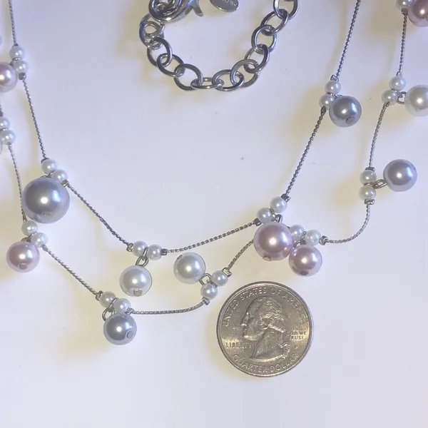 Chico's Silver Tone Faux Pearl Beaded Boho Double Strand Necklace - Image 5