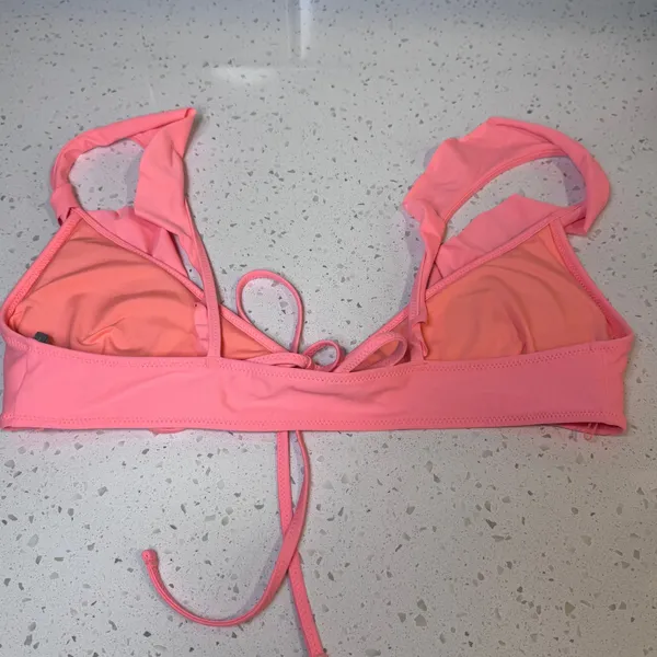 Aerie‎ Women Neon Pink Ruffle Scoop Neck Bikini Top Small S Tie Back Swimwear - Image 2