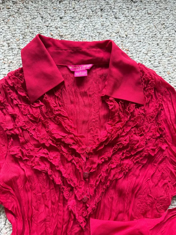 Vintage Red Ruffle Sheer Long Sleeve Top - Image 2