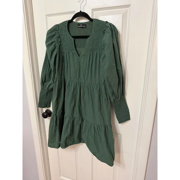 Pomander Place x Tuckernuck Green Smocked Tier‎ Mini Dress Cotton Long Sleeve S - Image 6