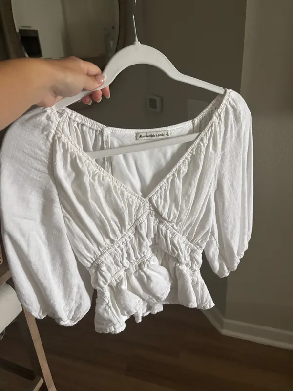 Abercrombie & Fitch Linen Top Women’s White Cropped Puff Sleeve Smocked Blouse Linen blend - Image 5