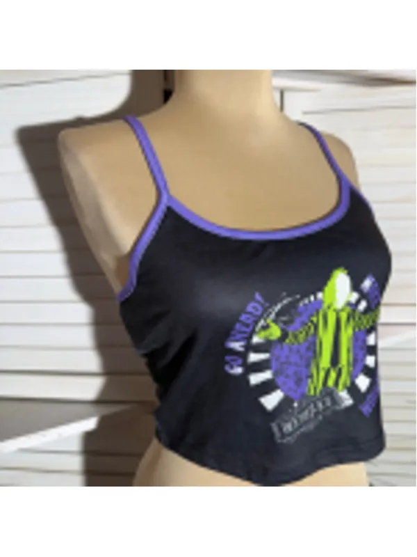 Romwe NWT Beetle Juice cropped tank top gray green lightweight gothic alt Halloween S - Image 6
