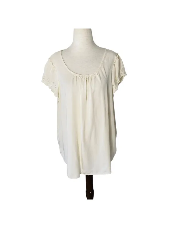 LC LAUREN CONRAD Beige Eyelet Sleeve Blouse - Image 3