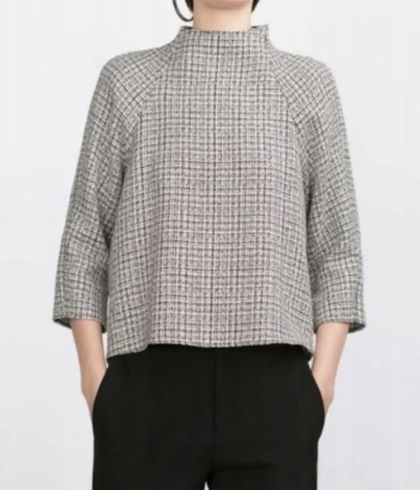 Zara | Tweed 3/4 Sleeve Blouse Black White XS Mock neck - Image 2