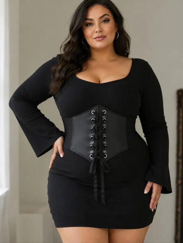 Plus Size Black Vintage‎ Style Lace Up Faux Leather Elastic Back Closure Waist - Image 10