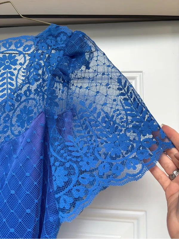 Vintage 70’s blue lace overlay formal fit and flare full length dress - Image 3