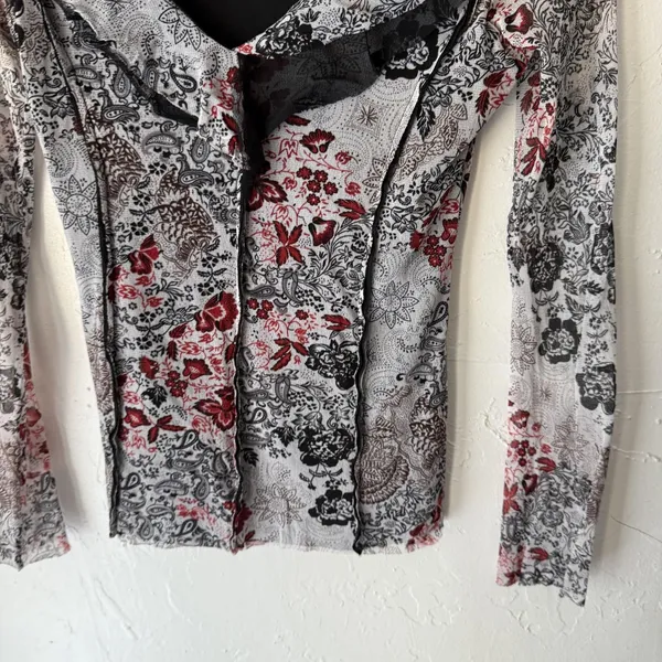 Arianne Top Y2k‎ Small Sheer Black Red Floral Lace Mesh Shirt Whimsigoth Fairy - Image 3