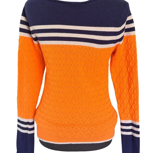 Orange Navy Blue Striped Honeycomb Knit Pullover Sweater‎ Women Crew Neck 0252 - Image 4