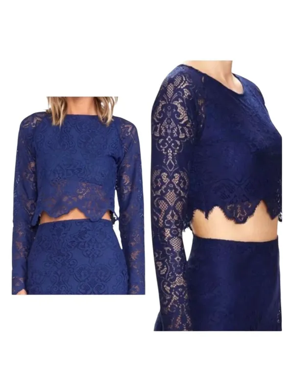 For Love & Lemons Shirt‎ Women XS Blue Long Sleeve Midnight Lace Crop Top Sexy - Image 2