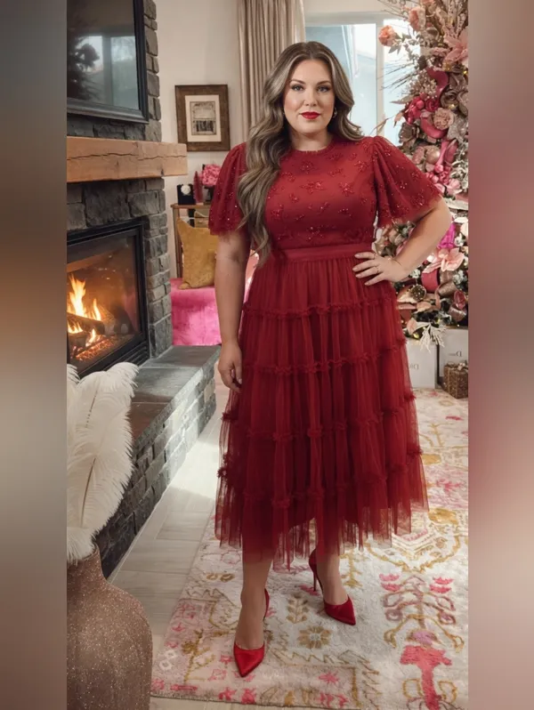 NWT Ivy City Co. Anastasia in Dark Red Embellished Tulle Ruffled Dress 3X - Image 2