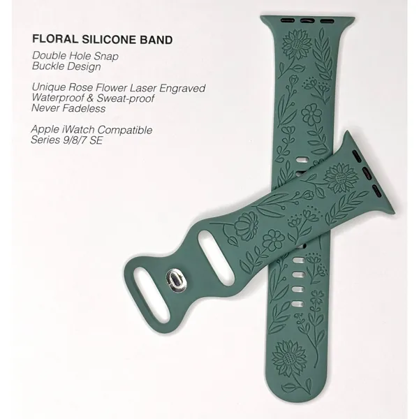 Unbranded Apple iWatch 9/8/7 SE Engraved Rose Floral 34mm‎ Silicone Watch Band - Image 2