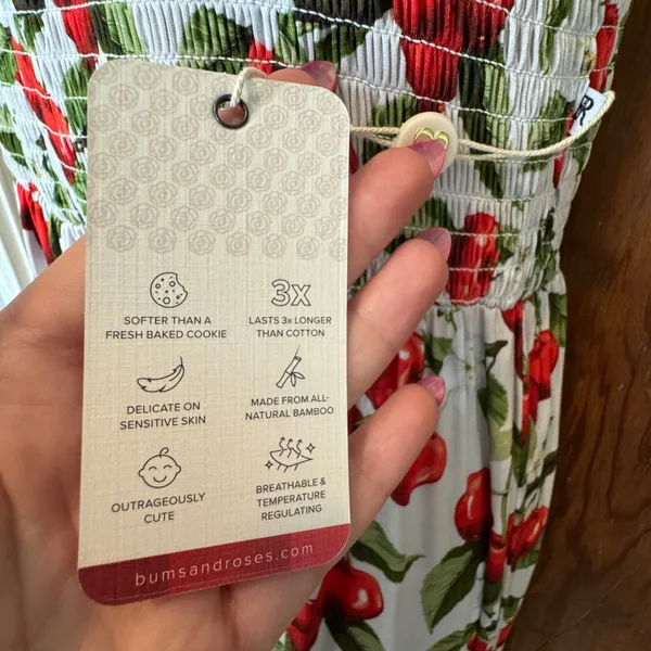 NWT Bums & Roses Maxi Dress M Cherry Print Smocked Bamboo Viscose Tiered Garden - Image 4