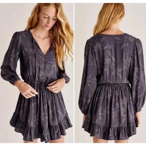 Sundry Floral Print Button Front Tie Waist‎ Long Sleeve Mini Dress Charcoal M - Image 2