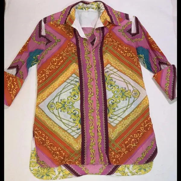 VIPAVADEE STUNNING Luxury Designer PRINT BUTTON FRONT‎ SHIRT 3/4 SLEEVES SZ S - Image 3