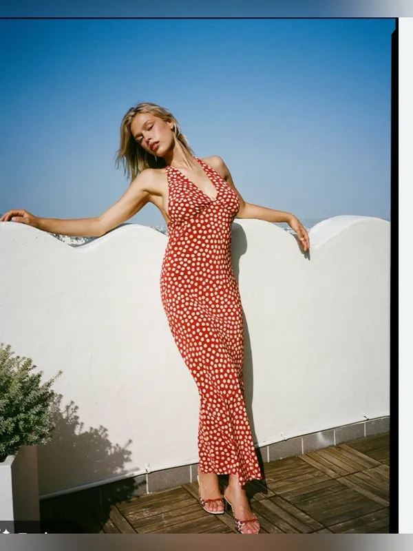 Realisation Par Simone Halter Strap Tie 100% Silk Polka Dot Maxi Dress Size XS - Image 9