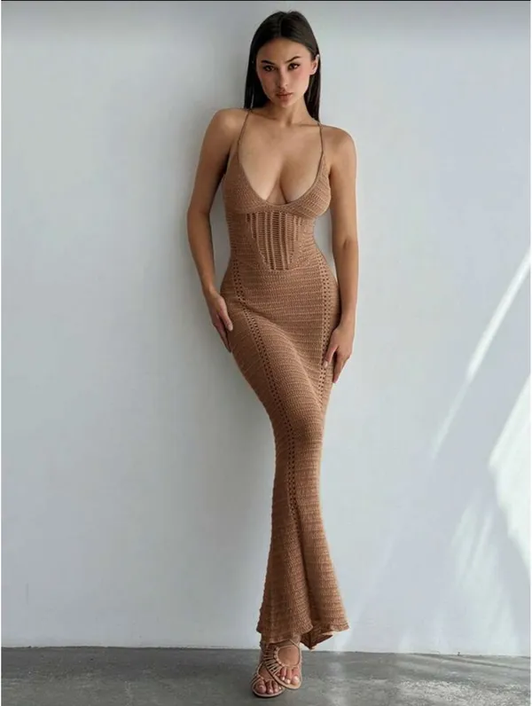 Sexy Crochet Dress Brown - Image 2