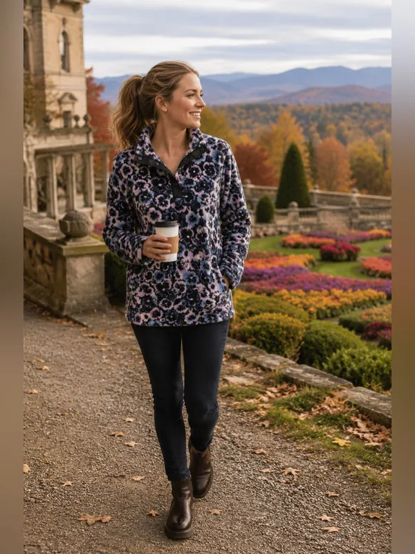 Vera Bradley Sporty Fleece Snap-Collar Pullover Plum Pansies‎ Floral XS Womens - Image 2