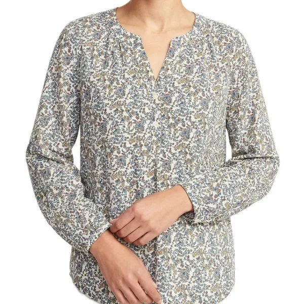 Old Navy Cream Yellow Blue Floral Split-Neck Button Long Sleeve Blouse Size M - Image 2