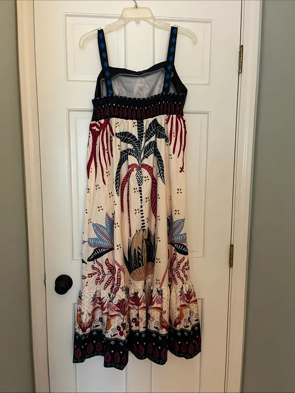 Women’s Cream Maxi Dress with Navy & Red Floral Tropical Boho Print - Image 2