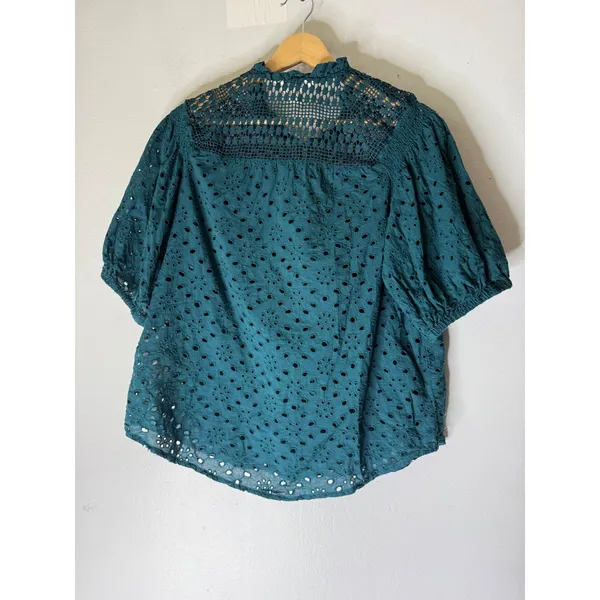 Adiva crochet‎ green teal lace eyelet short puff sleeve top large - Image 2
