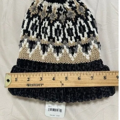 Free People Chalet Fairisle Pom Beanie Hat Black/Gold Metallic Combo One Size‎ - Image 11