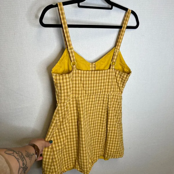 Superdown Yellow Plaid Button Front‎ Mini Dress Adjustable Straps Pockets Large - Image 5