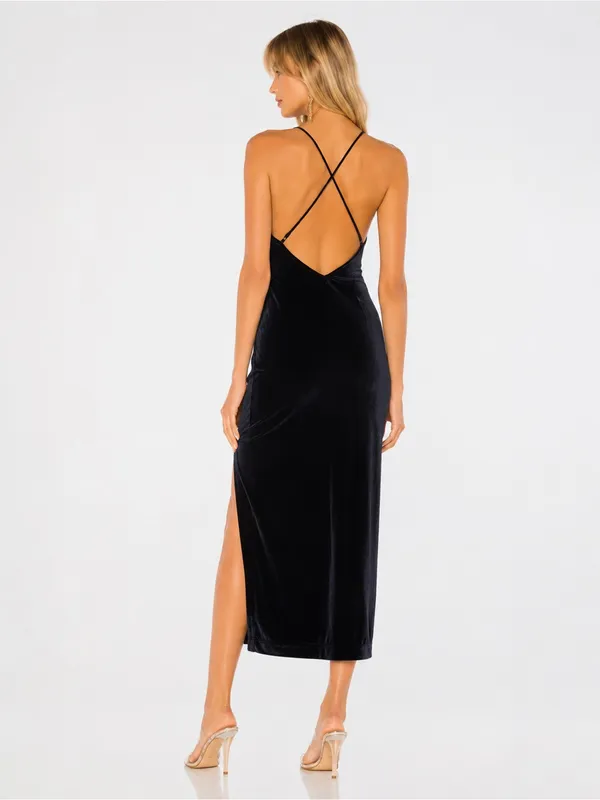 Bardot Navy Blue Velvet Midi Dress, Open Back Evening Dress with High Slit XS - Image 2